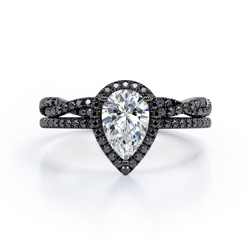 1.75 TCW Pear Shape Moissanite with Lab Created Black Diamond - Pave Setting - Crossover Eternity Wedding Set in Black Gold