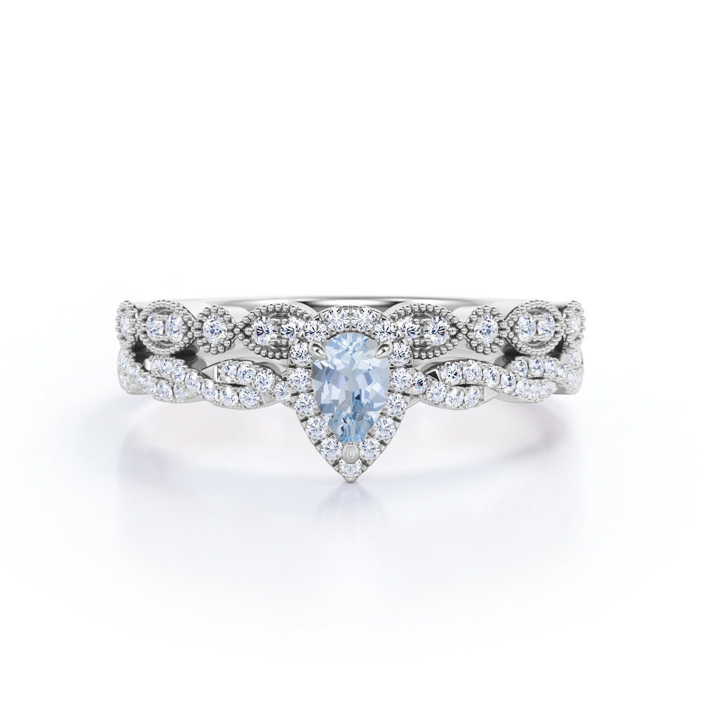 1.25 Carat Pear Cut Aquamarine And Diamond Halo Wedding Ring Set In White Gold