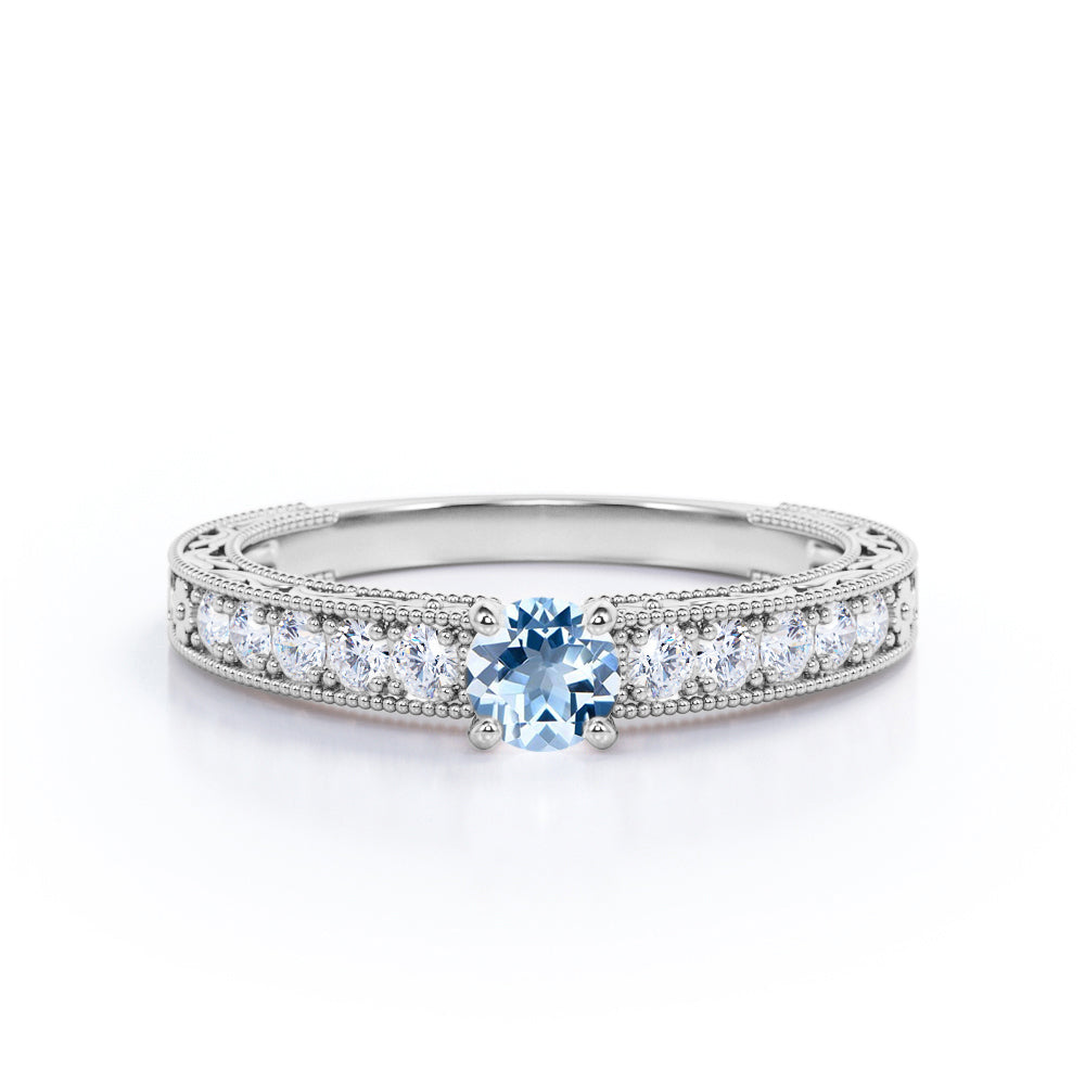 1.10 Carat Round Cut Aquamarine And Diamond Antique Filigree Engagement Ring In White Gold