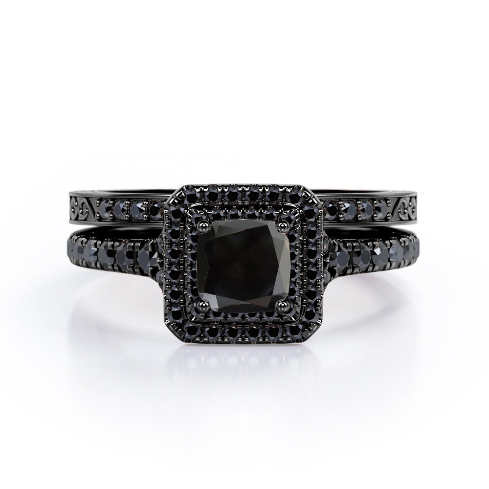 Art-Deco Pave Accented 1.7 TCW Princess Cut Lab Created Black Diamond Double Halo Bridal Ring Set in White Gold