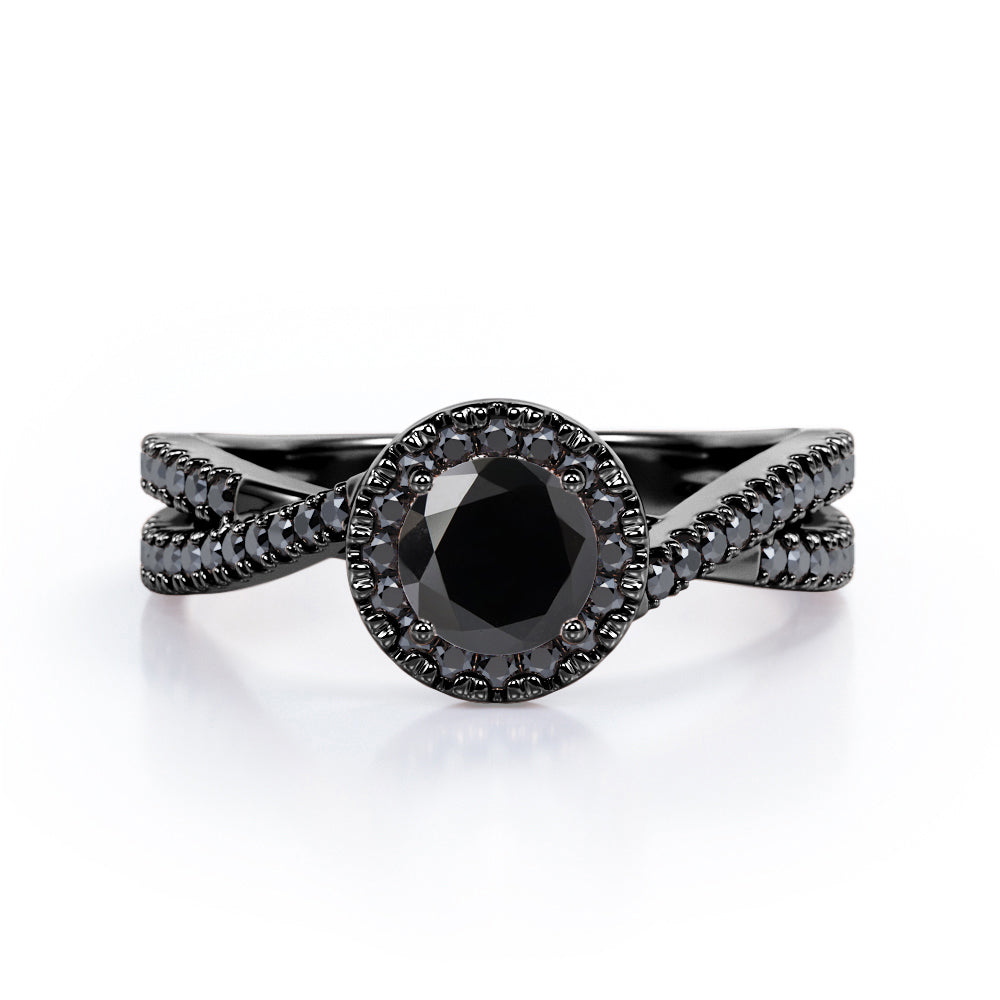 Milgrain Halo - 1.4 TCW Round Cut Lab Created Black Diamond - Infinity Double Strand Engagement Ring in White Gold