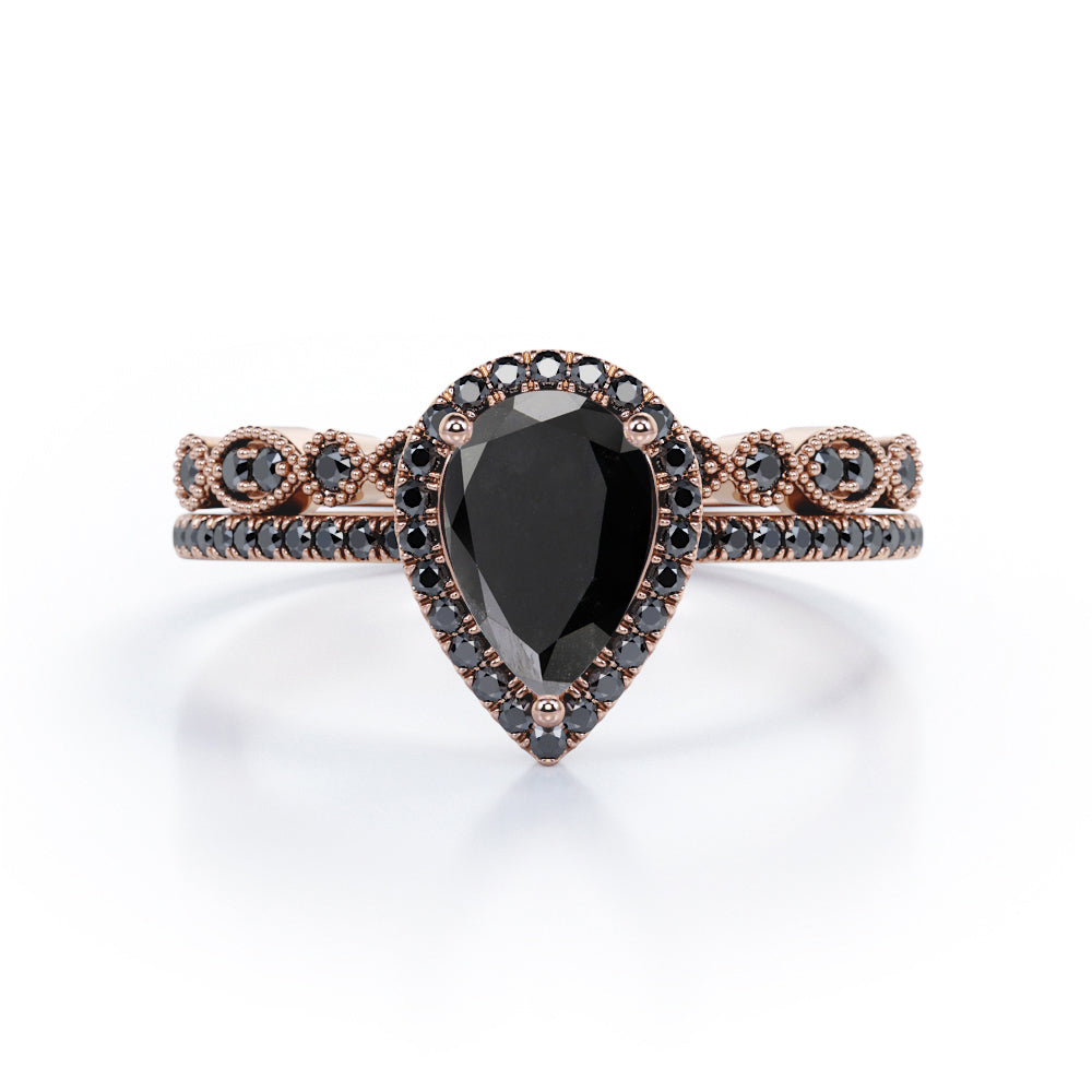 Art-Deco Milgrain Filigree 1.65 TCW Teardrop Lab Created Black Diamond Pave Wedding Ring Set in White Gold