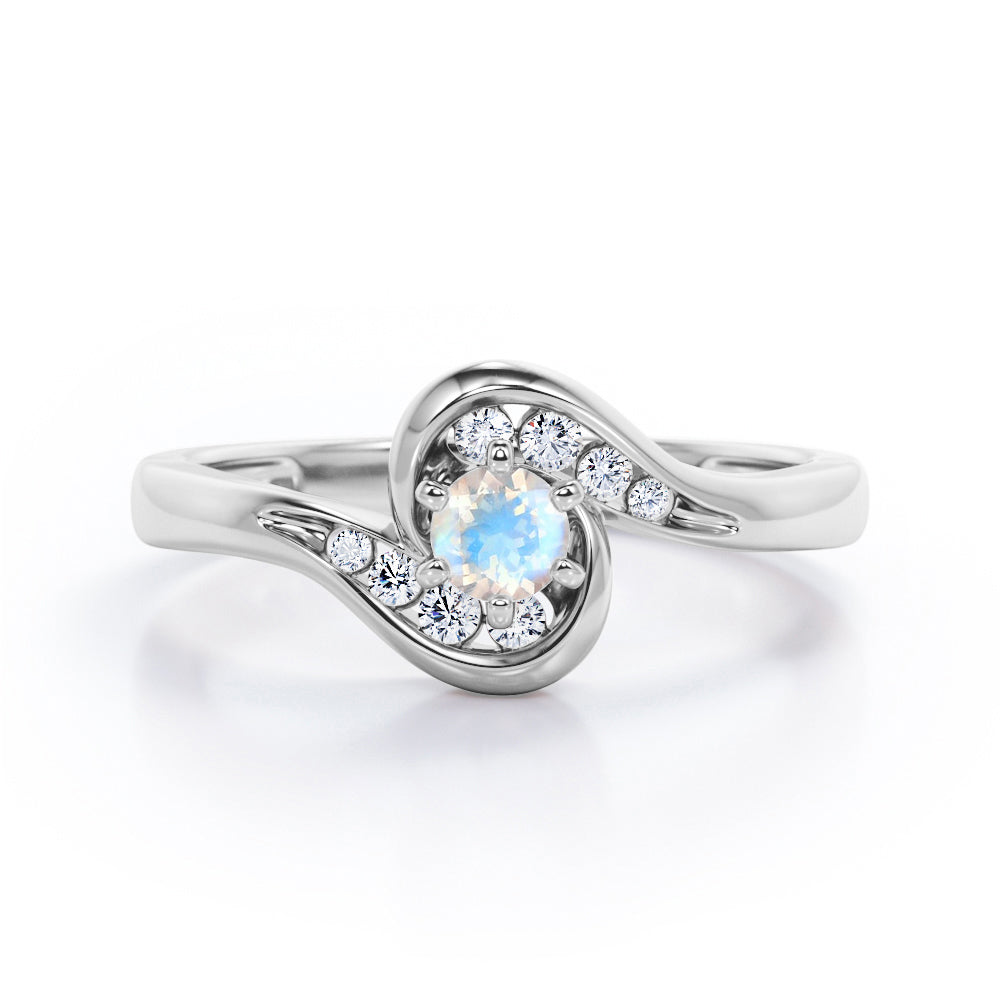 Whirly Gemstone 0.55 carat Round Moonstone and Moissanites Artistic Engagement Ring in White Gold