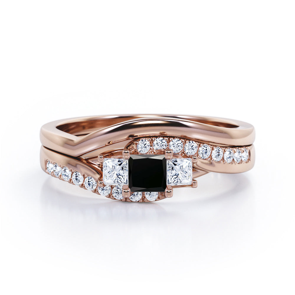 3 Stone Shared Prong - 1 TCW Princess Cut Black Diamond - Pave Curved Shank Wedding Set -Rose Gold