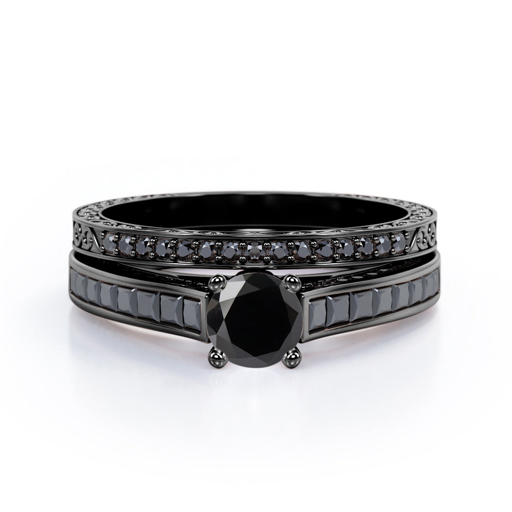 Art Deco Cathedral 1.55 TCW Round Shape Lab Created Black Diamond Pave and Channel Wedding Set in White Gold