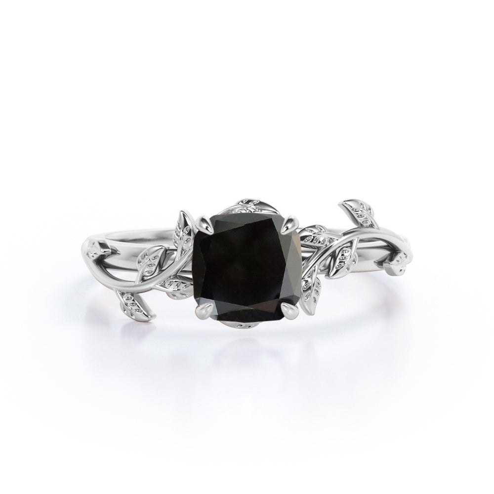 Nature inspired 1 carat cushion cut Black Diamond vintage leaf style engagement ring in white gold