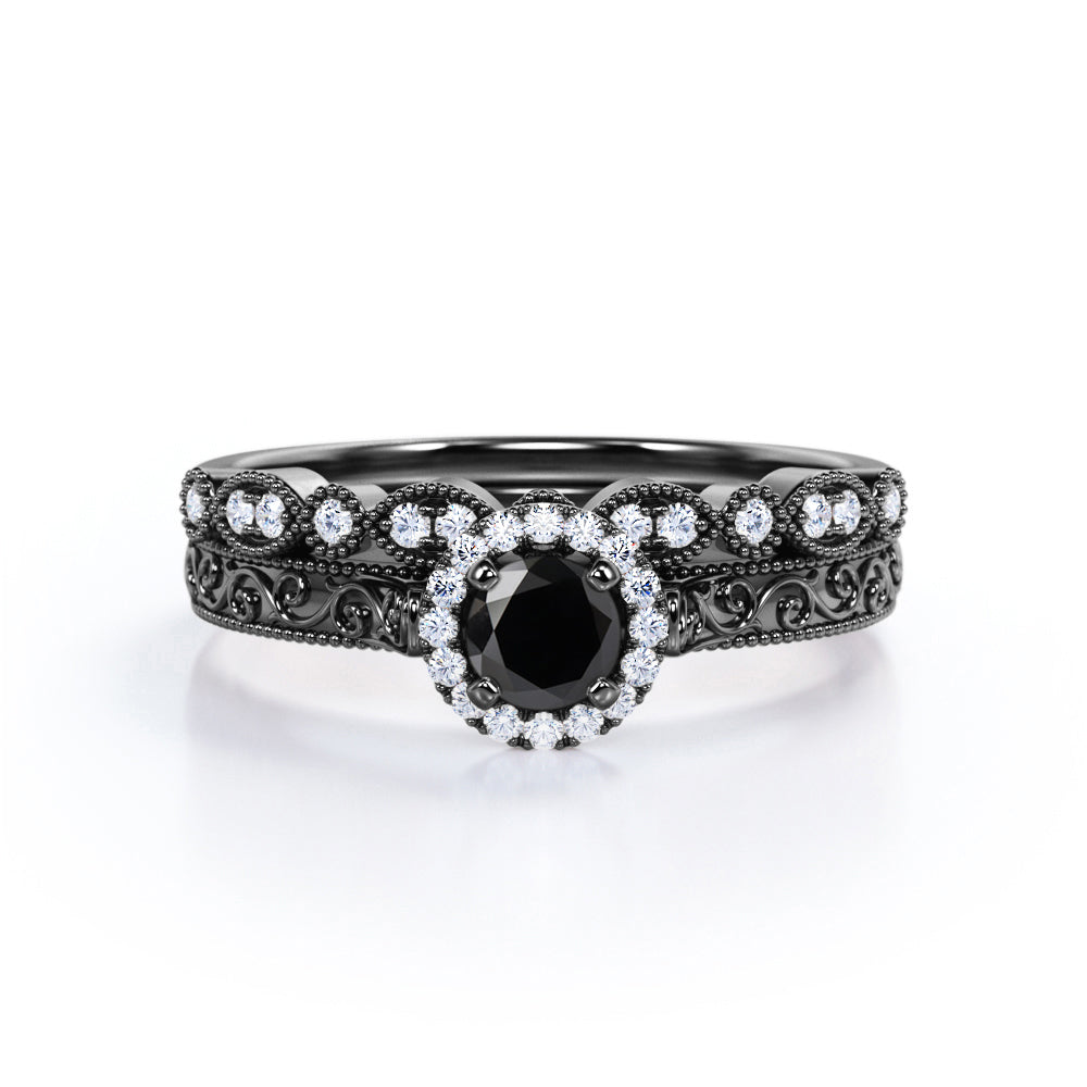 1.3 Carat Round Cut Lab Grown Black Diamond Halo Wedding Ring Set In White Gold