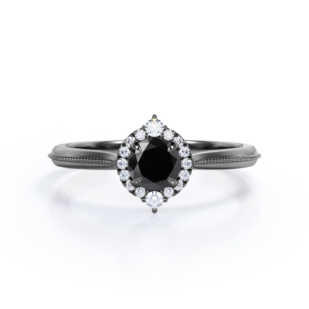 1 carat round cut Black Diamond halo engagement ring in white gold