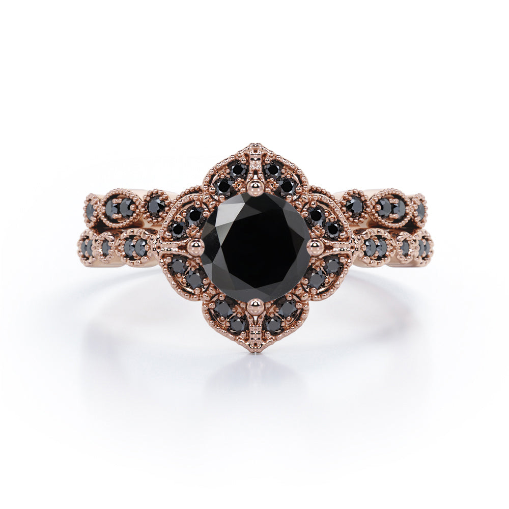 Milgrain Floral Cluster - 1.75 TCW Round Cut Lab Created Black Diamond - Filigree Bridal Ring Set in White Gold