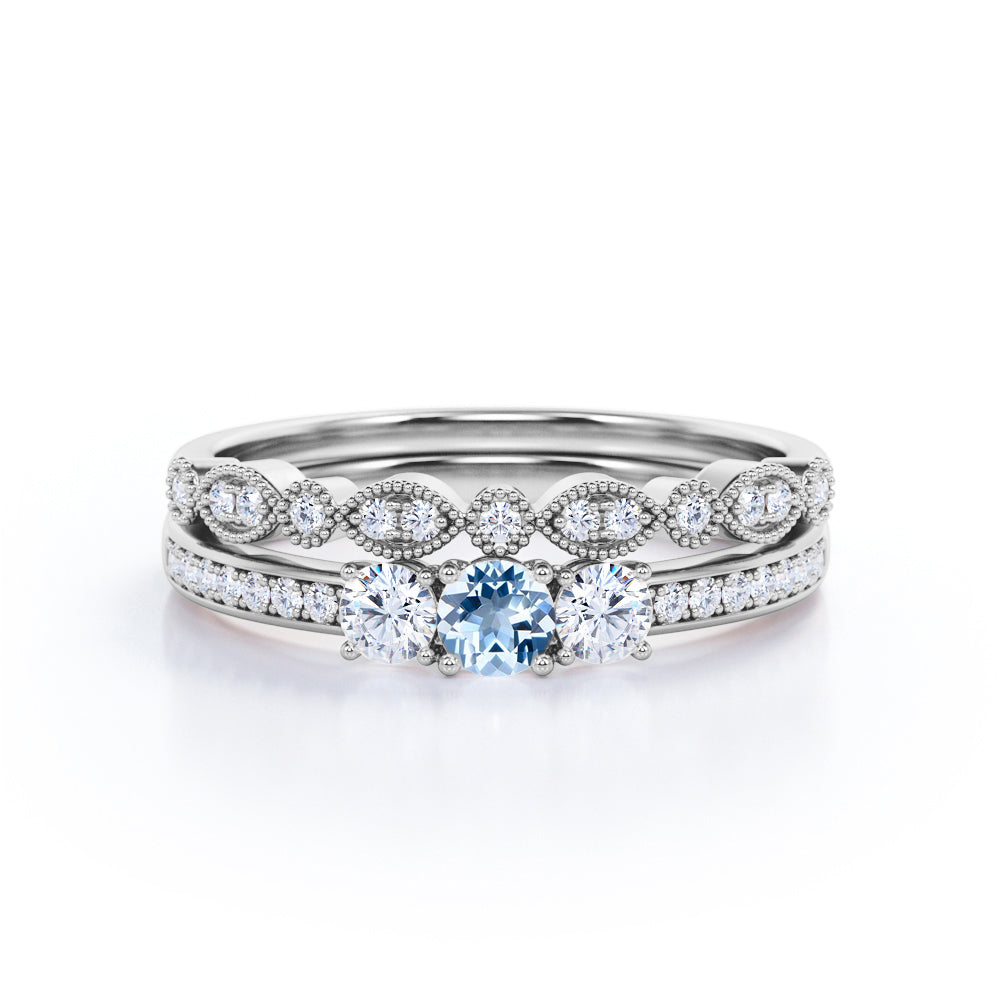 1.15 Carat Round Cut Aquamarine And Diamond Leaf Art Deco Wedding Ring Set In White Gold