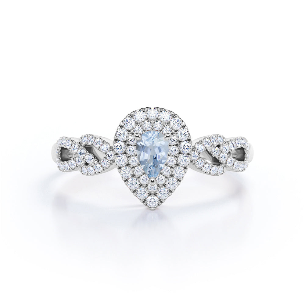 1.5 Carat Pear Cut Aquamarine And Diamond Double Halo Engagement Ring In White Gold