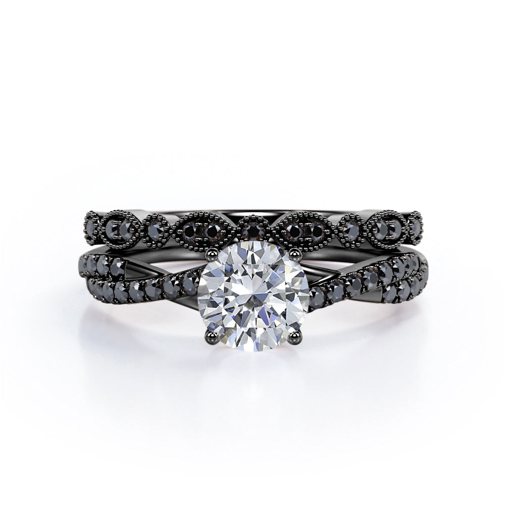 Art Deco Pave Infinity 1.65 TCW Round-Shaped Moissanite with Lab Created Black Diamond Basket Cathedral Wedding Set in White Gold