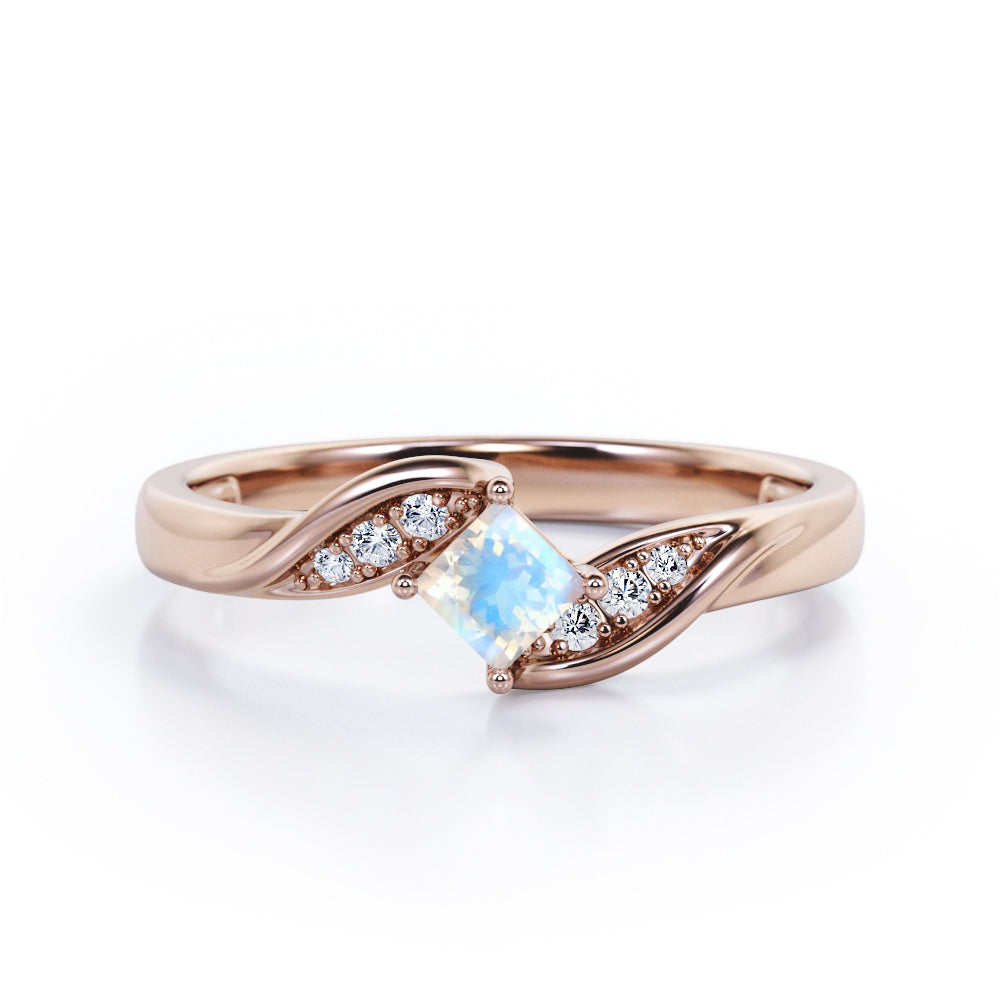 Twisted 7 Stone Ring - 0.55 carat Princess Moonstone and Moissanite Elegant Engagement Ring in Rose Gold