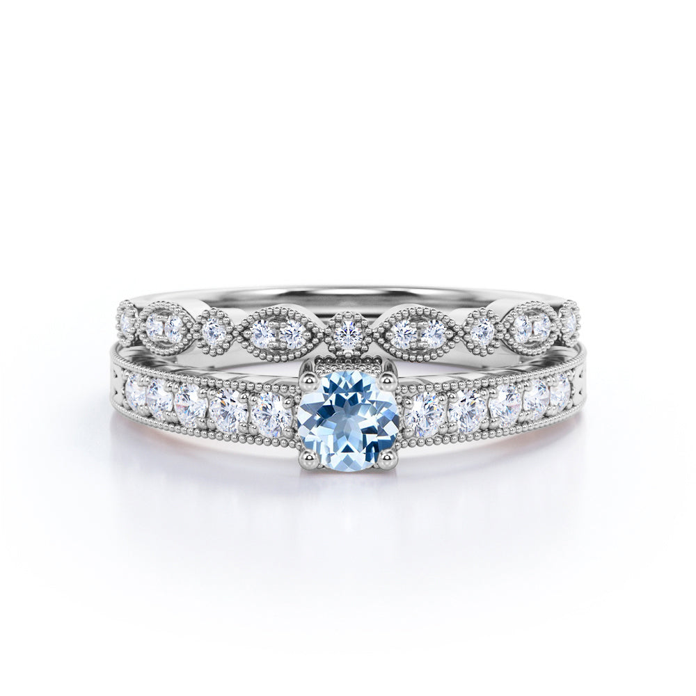 1.15 Carat Round Cut Aquamarine And Diamond Vintage Wedding Ring Set In White Gold