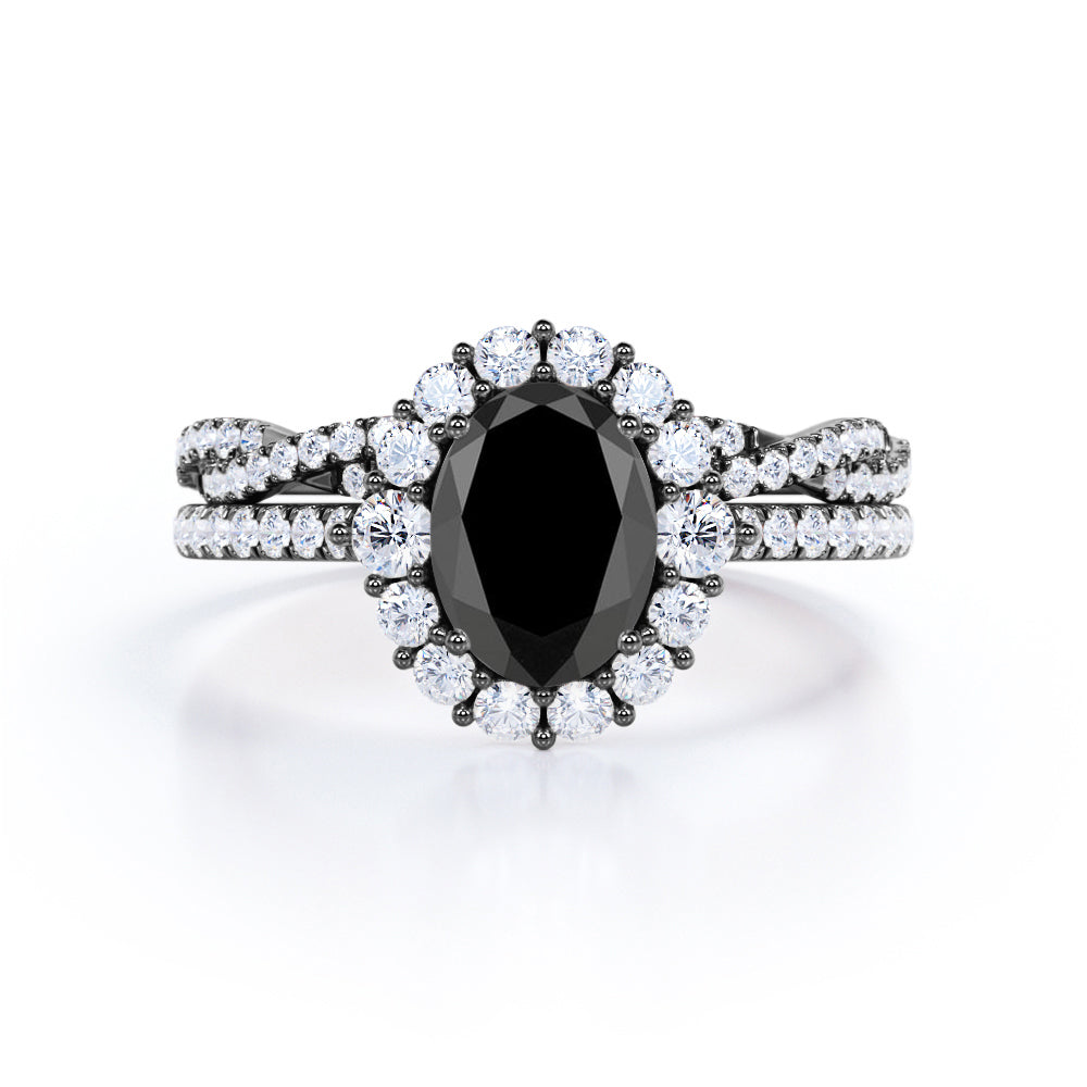 2 carat oval cut Black Diamond halo bridal set in white gold