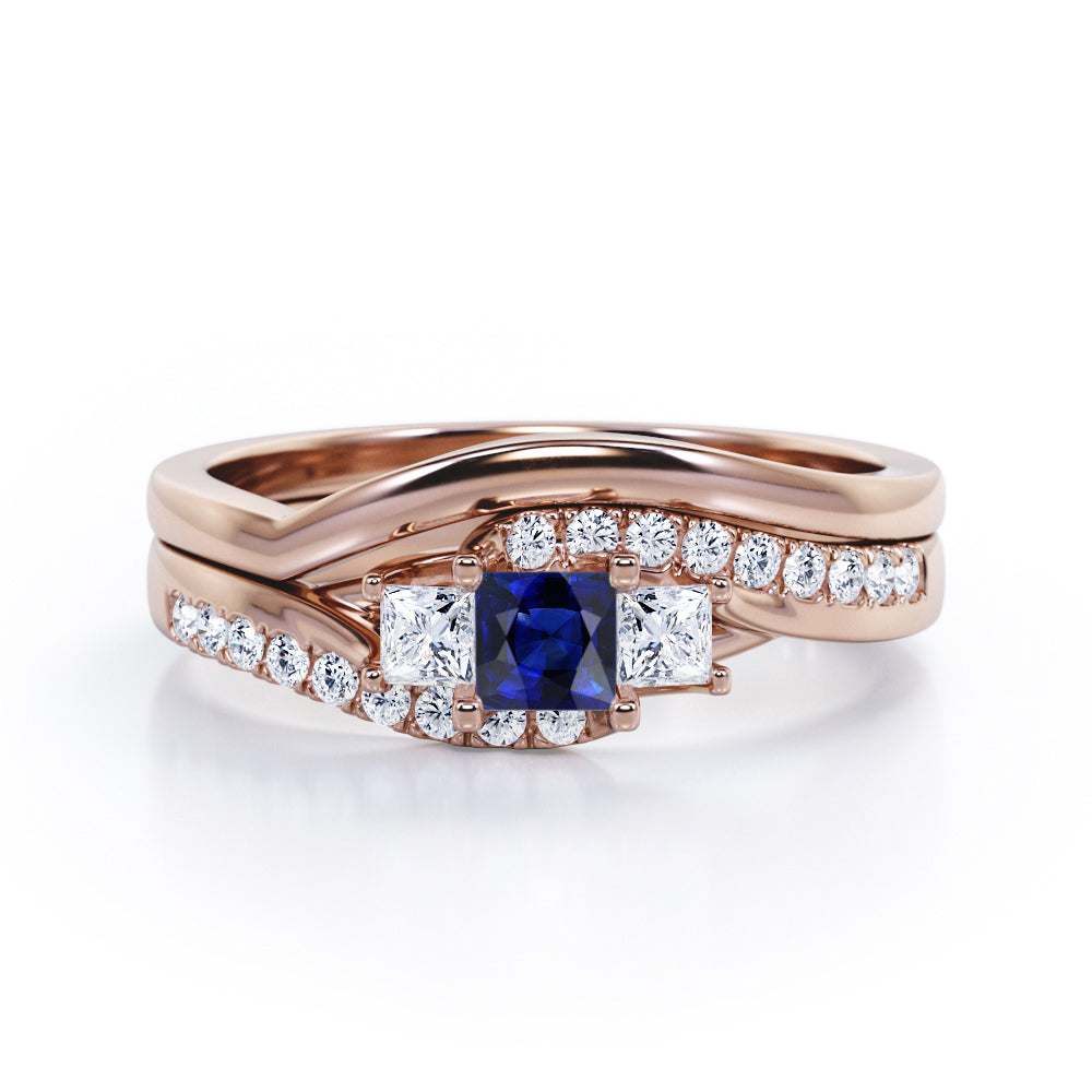 3 Stone Shared Prong - 1 TCW Princess Cut Blue Sapphire and Moissanite - Pave Curved Shank Wedding Set - Rose Gold