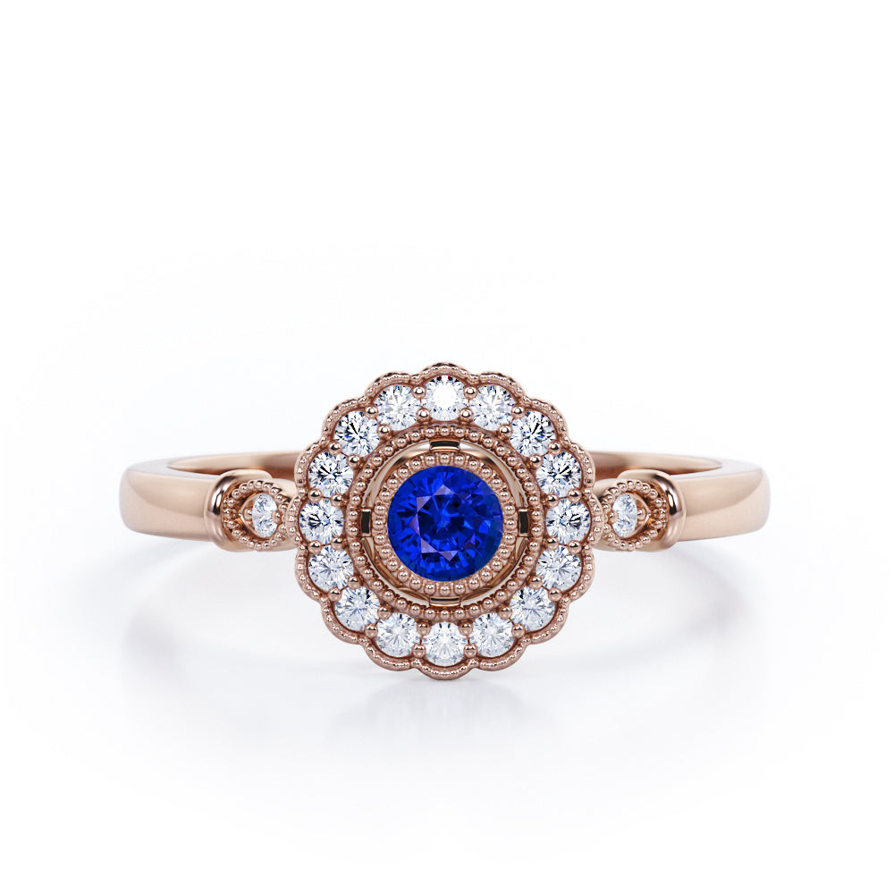 Milgrain Flower Halo 1.2 carat Carat Round Brilliant Cut Blue Sapphire and diamond Trilogy Bezel Engagement Ring in White Gold