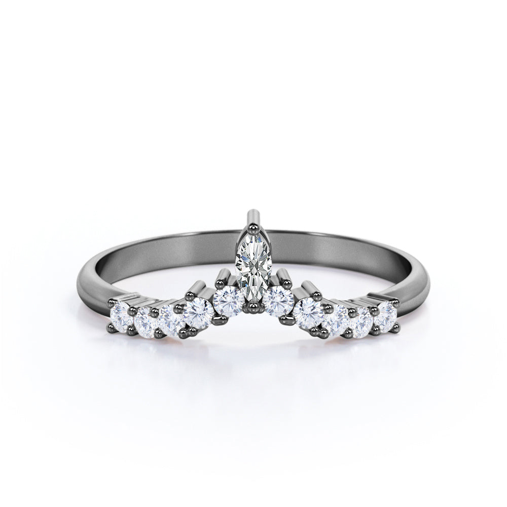 V Shaped - 0.20 TCW Marquise and Round Moissanite - Cluster Prong Wedding Band - Yellow Gold