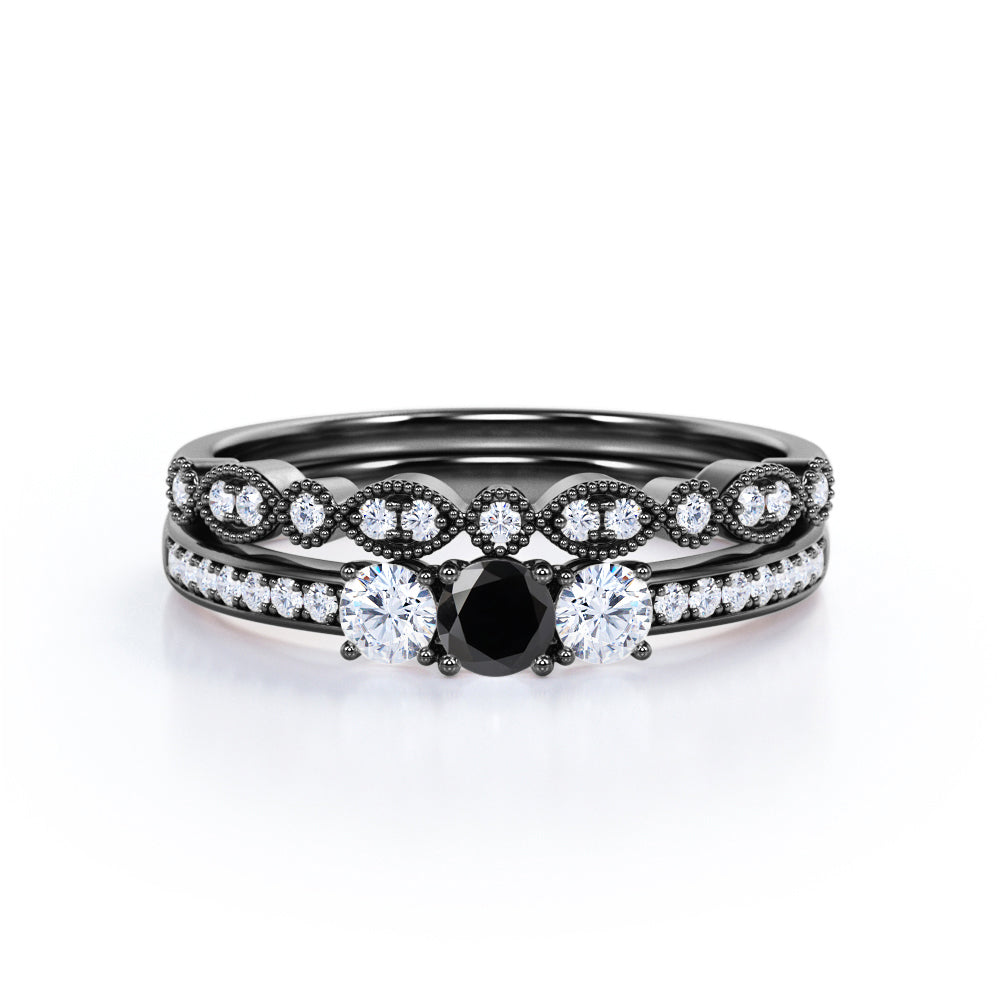 1.45 Carat Round Cut Lab Grown Black Diamond Trilogy Wedding Ring Set In White Gold