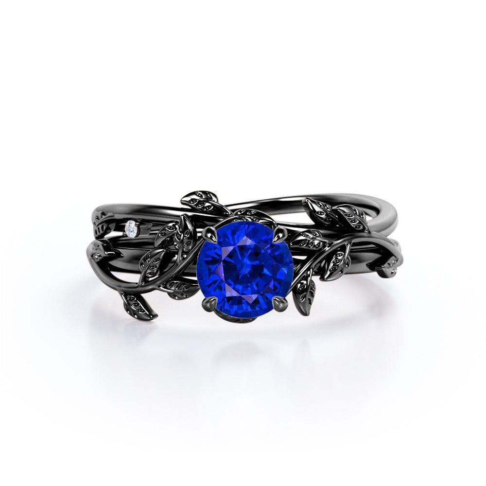 Nature Inspired 1 carat Round cut Lab-Created Sapphire and Diamond Wedding ring set in White Gold