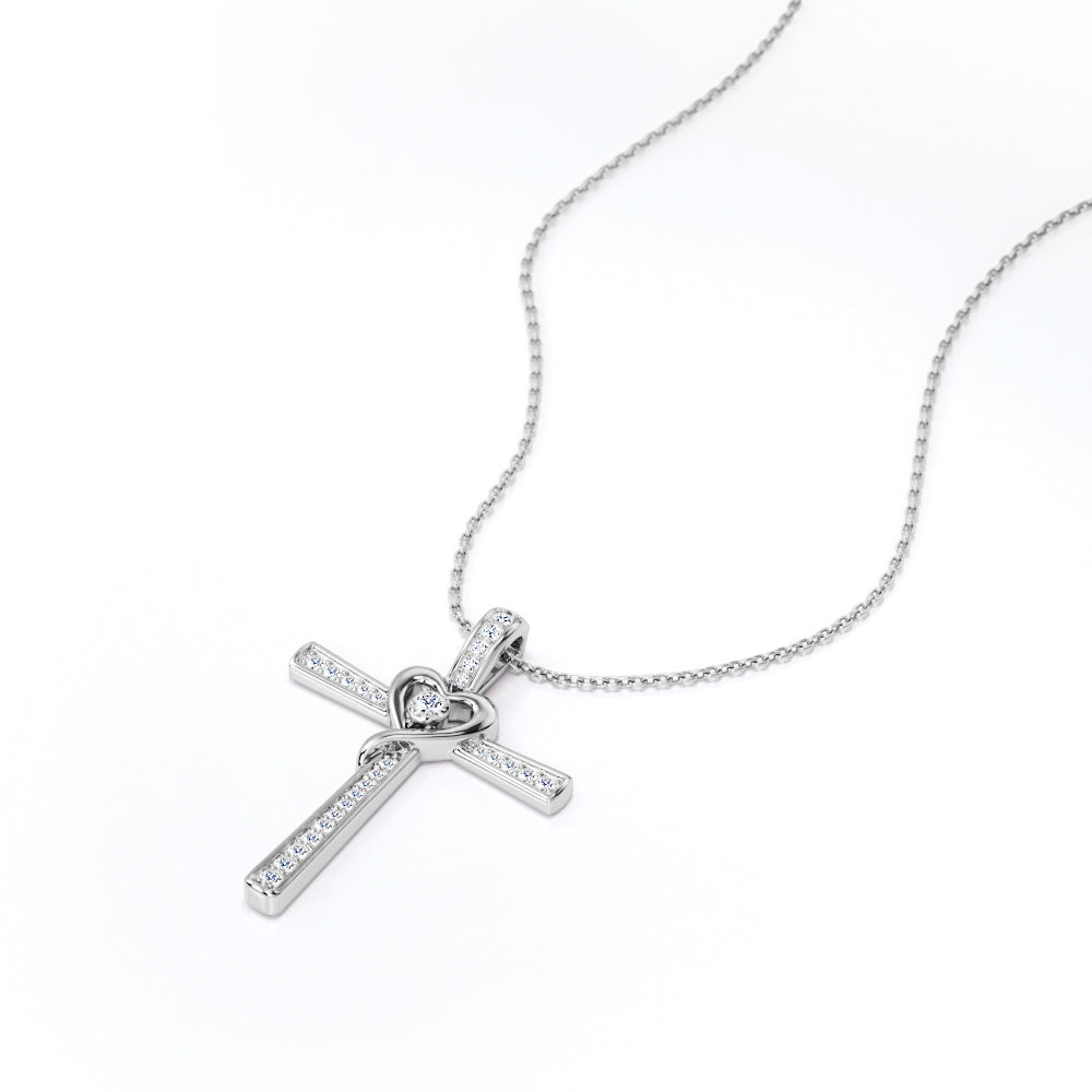 Middle Heart 0.1 TCW Round Moissanite Crucifix Pendant Necklace in 18K White Gold Plating over Silver