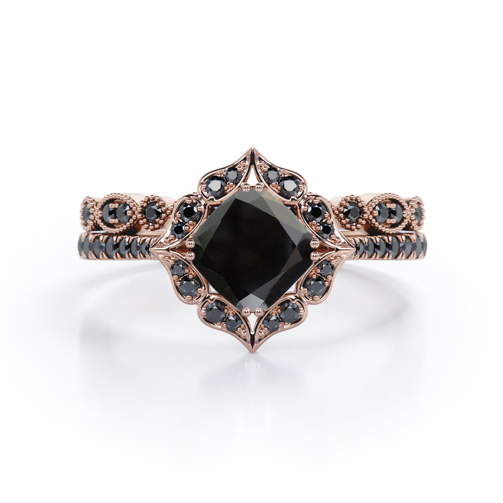 Vintage Filigree Halo - 1.65 TCW Cushion Cut Lab Created Black Diamond - Pave Accented Bridal Ring Set in White Gold