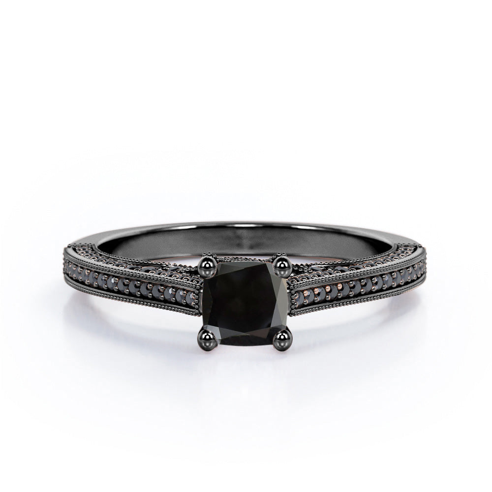 Three Sided Pave - 1.35 TCW Princess Cut Lab Created Black Diamond - Milgrain Decorated Engagement Ring in White Gold