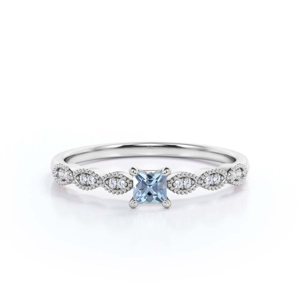 1.10 Carat Princess Cut Aquamarine And Diamond  Art Deco Engagement Ring In White Gold