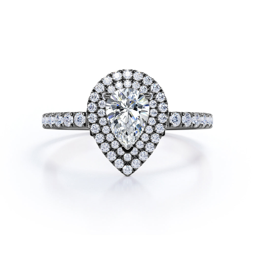 1.5 Carat Cubic Zirconia Pear Cut - Duo Halo Setting - Pave Design Engagement Ring - 18K White Gold Plating over Silver