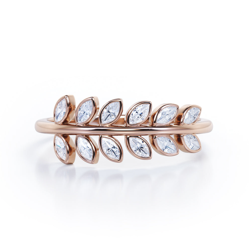 Inspired by Nature - 0.25 TCW Marquise Shaped Moissanite - Olive Leaf Stackable Ring - Black Gold