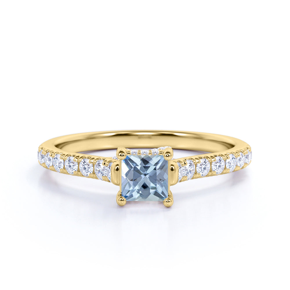 1.25 carat Princess Cut Light Blue Created Aquamarine Accent Art Deco Anniversary Ring in 18k White Gold over Silver