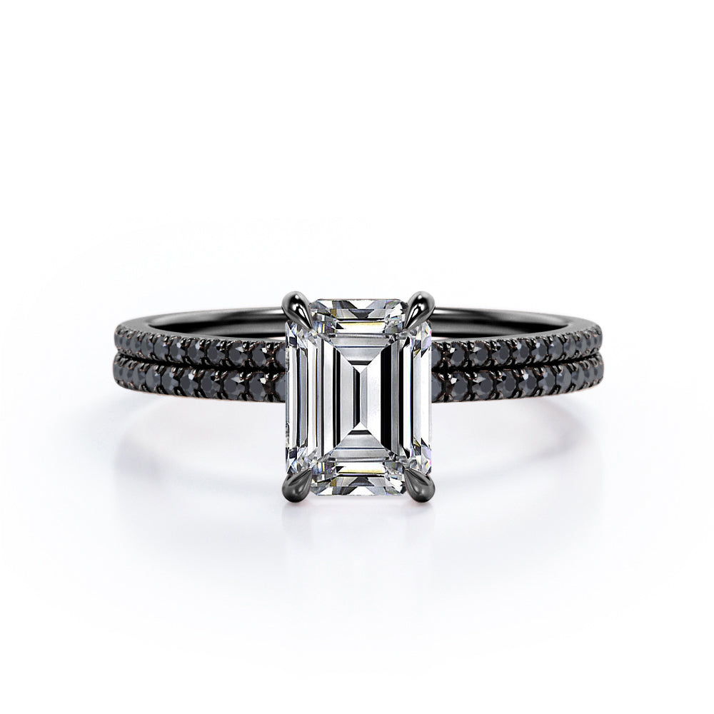 4-Prong Setting 1.65 TCW Emerald Cut Moissanite with Lab Created Black Diamond Wedding Set with Pave Accents in White Gold