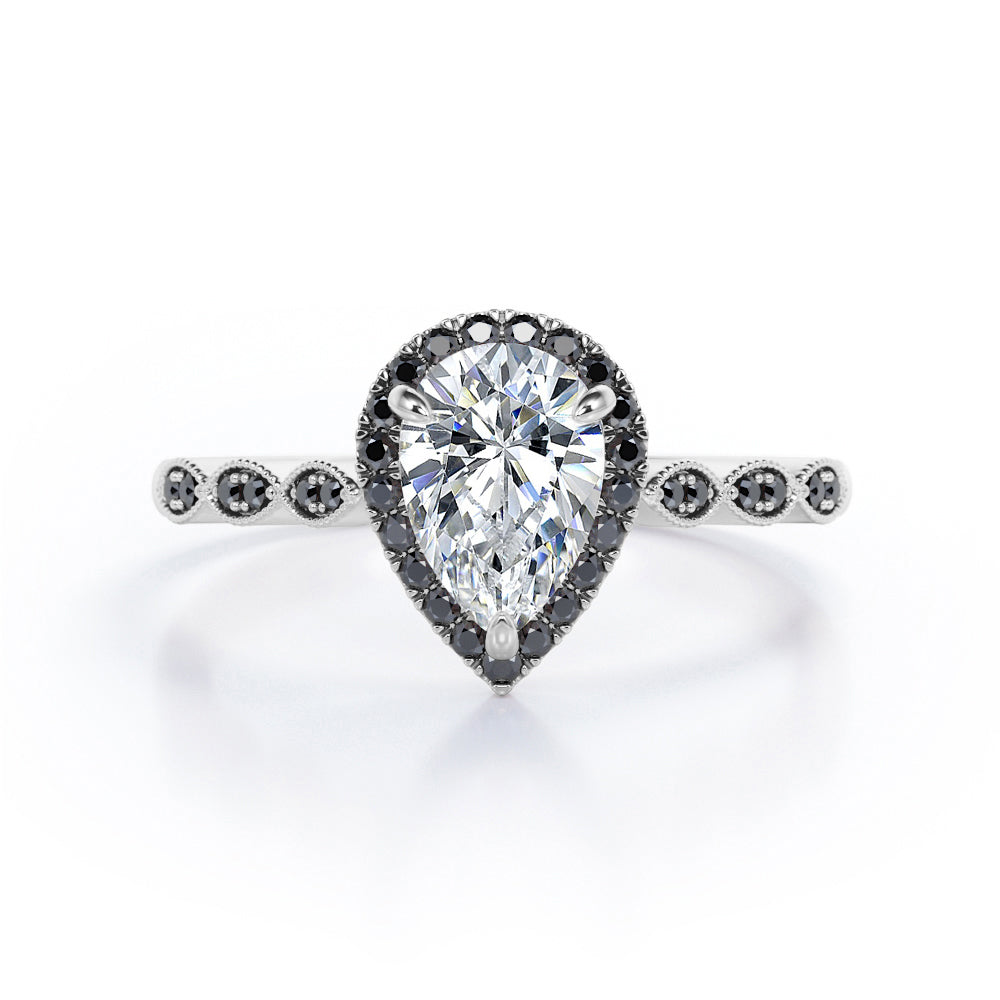 Art-Deco Filigree Milgrain 1.4 TCW Pear Cut Moissanite with Lab Created Black Diamond Halo Design Engagement Ring in Yellow Gold