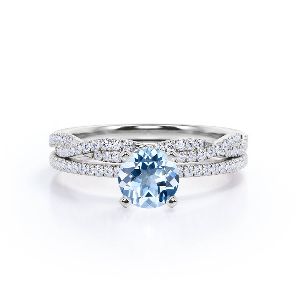 1.5 Carat Round Cut Aquamarine And Diamond Infinity Wedding Ring Set In White Gold