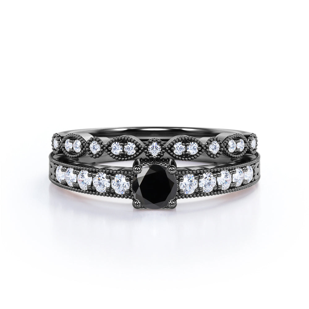 1.25 Carat Round Cut Lab Grown Black Diamond Vintage Milgrain Bridal Set Ring In White Gold