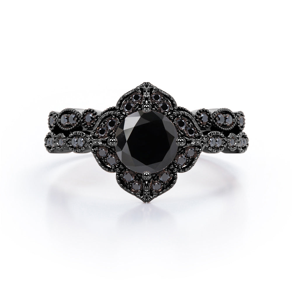 Milgrain Floral Cluster - 1.75 TCW Round Cut Lab Created Black Diamond - Filigree Bridal Ring Set in White Gold