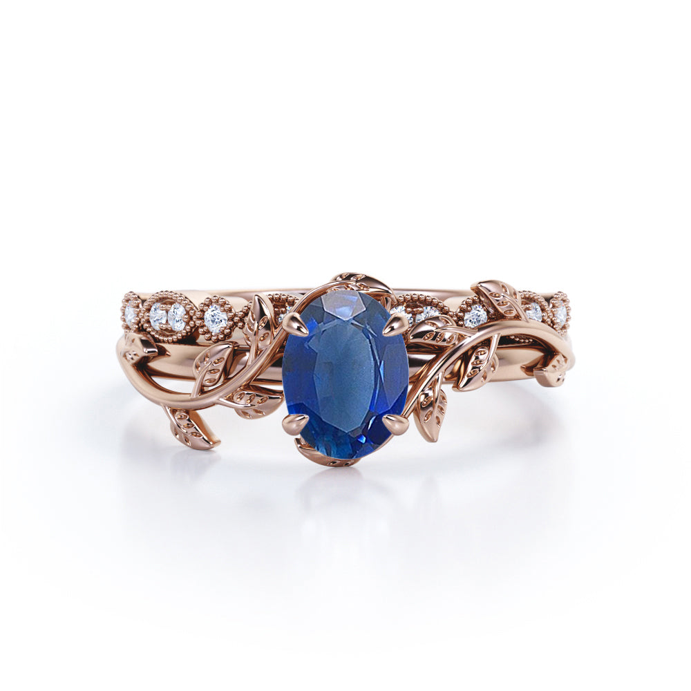 Vintage Milgrain 1.15 carat Oval cut Lab-Created Sapphire and Diamond Wedding ring set in Rose Gold