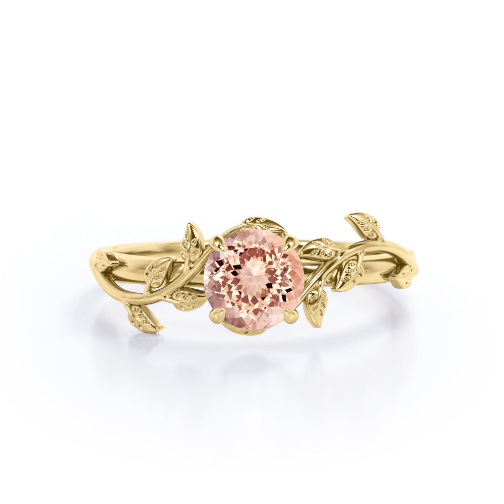 0.50 Carat Round Lab Created Morganite - Leafy Design - Solitaire Engagement Ring - 18K White Gold Plating over Silver