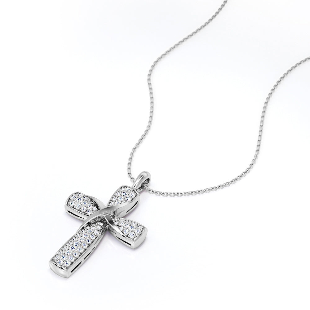 Micro-Pave 0.2 TCW Round Shaped Moissanite Twisted Crucifix Pendant Necklace in 18K White Gold Plating over Silver