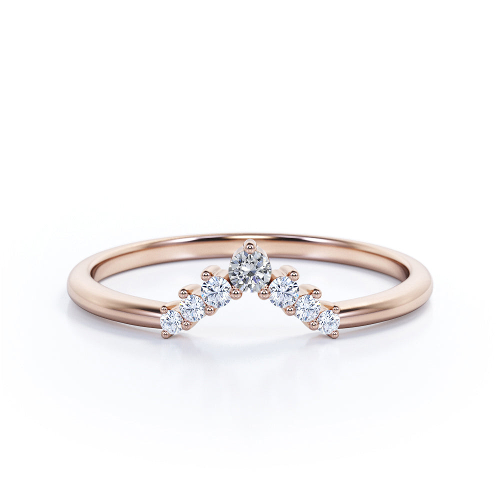 Minimalist V Shaped - 0.10 TCW Round Cut Moissanite- Scalloped Pave Cluster Wedding Band - Rose Gold