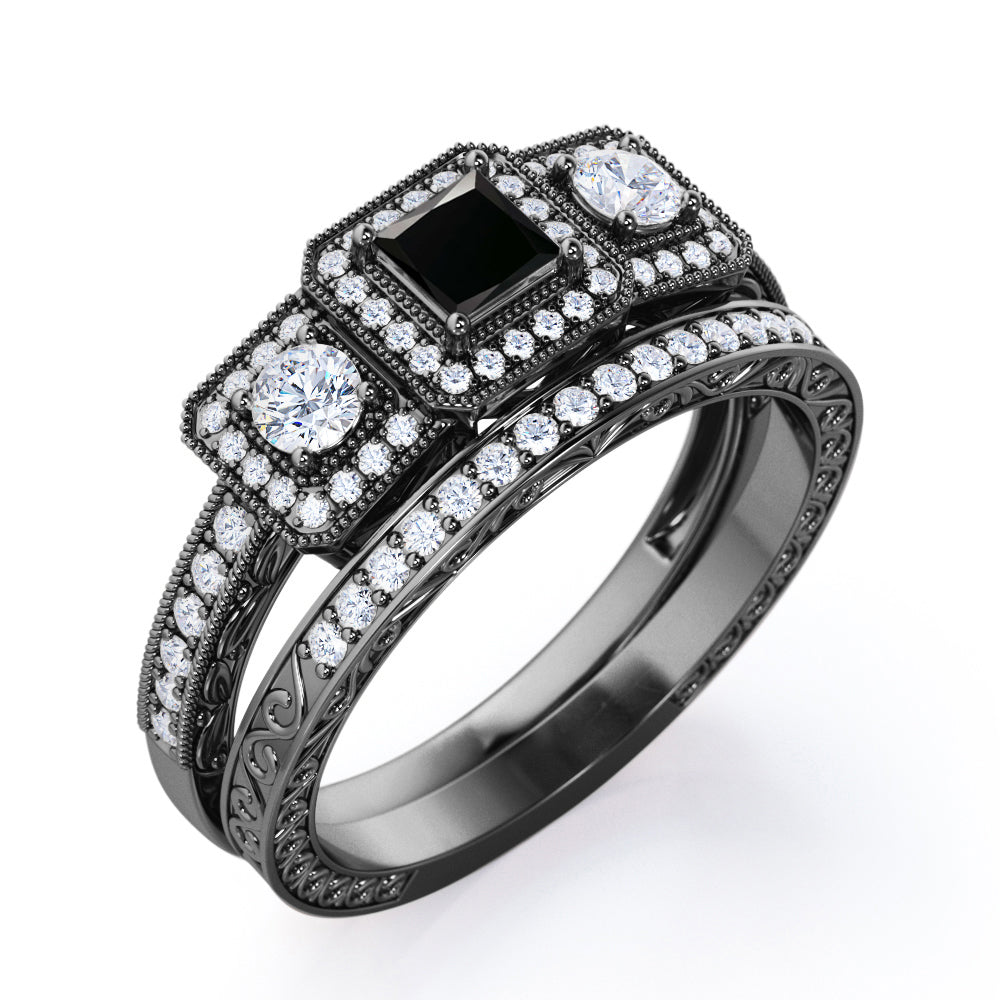 1.25 carat princess cut Black Diamond three stone trilogy wedding ring set in white gold