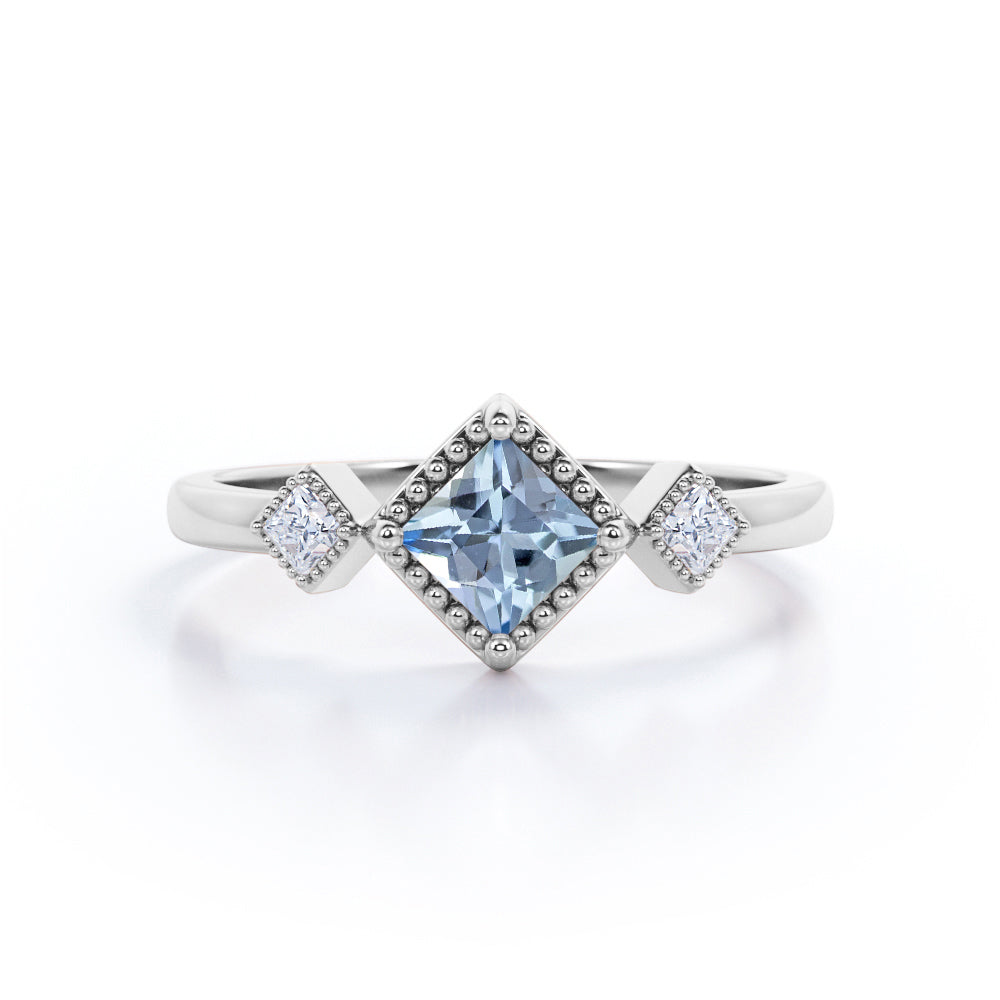 1.10 Carat Princess Cut Aquamarine And Diamond Classic Engagement Ring In White Gold