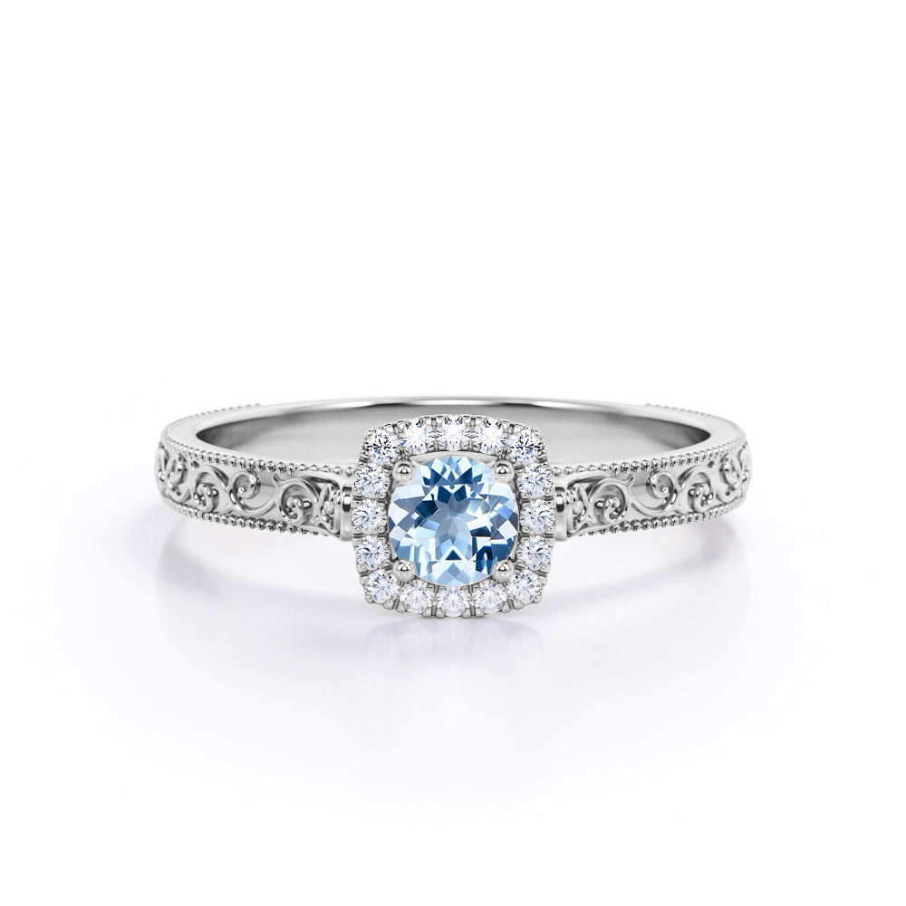 Vintage 1.10 Carat Round Cut Aquamarine And Diamond Halo Engagement Ring In White Gold