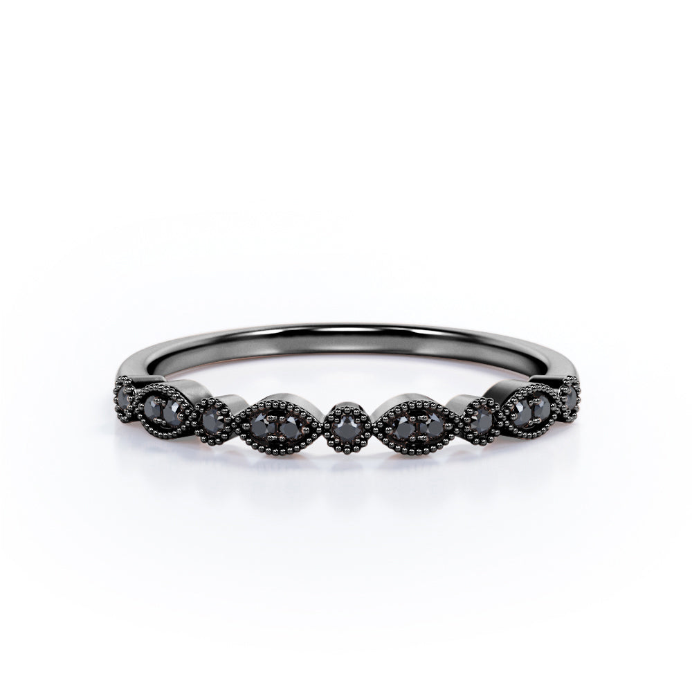 Art Deco - 0.15 TCW Round Shape Lab Created Black Diamond - Milgrain Filigree Wedding Band - 10K White Gold