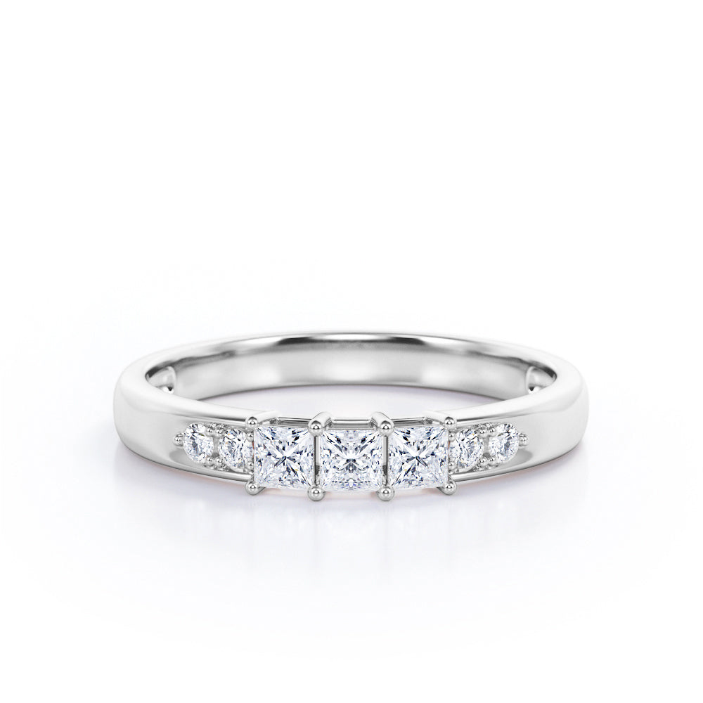 Seven Stone - 0.25 TCW Princess and Round Cut Diamond - Shared Prong Pave Wedding Band in White Gold