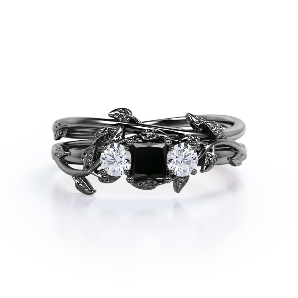 1.25 carat princess cut Black Diamond nature inspired wedding ring set in white gold