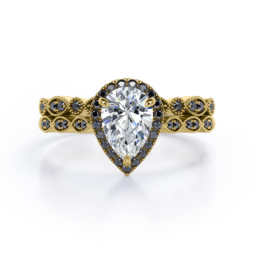 Vintage Style - 1.65 TCW Teardrop Moissanite with Lab Created Black Diamond - Milgrain Halo Bridal Set in Rose Gold