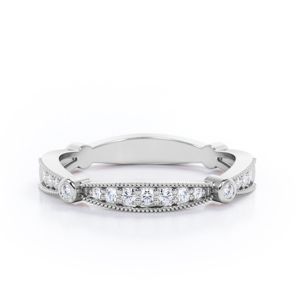 Milgrain Bright-Cut Pave 0.15 TCW Round Brilliant Cut Bezel Stackable Ring in 10K White Gold