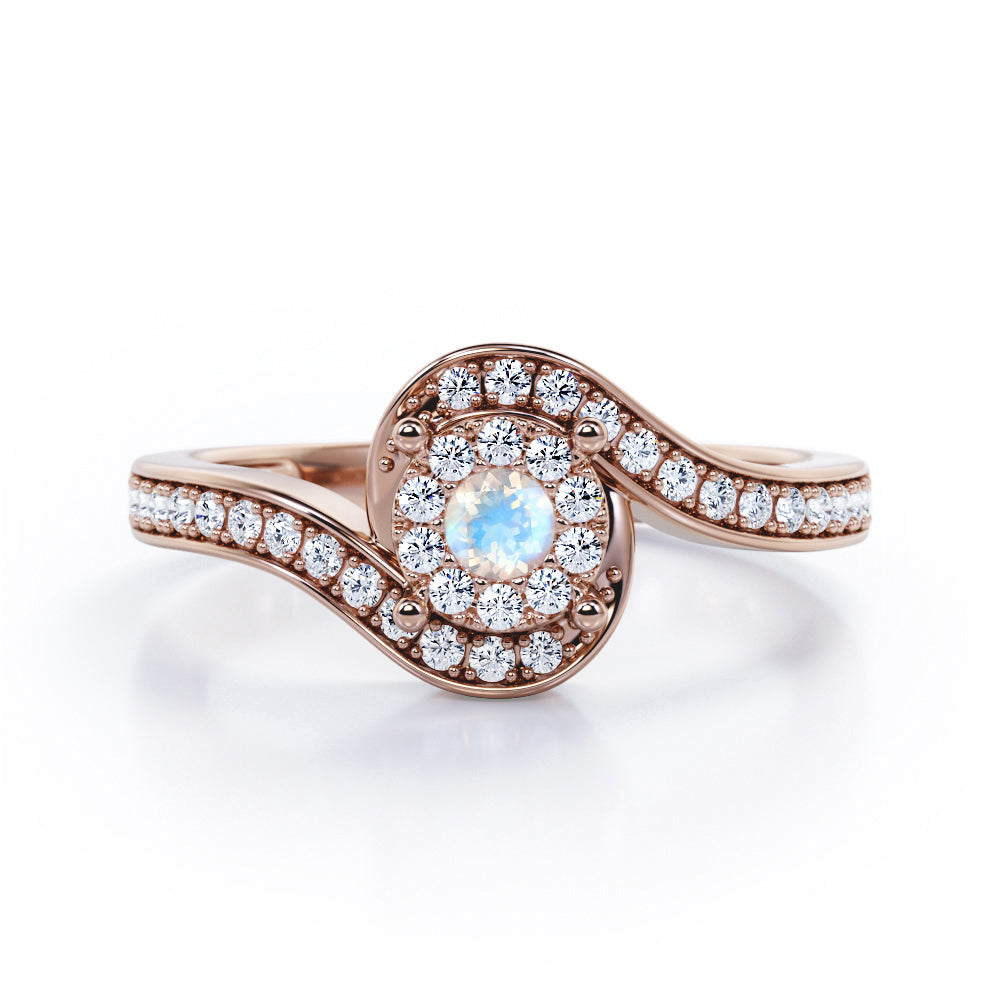 Wrapped Round 0.65 carat Round Moonstone and Moissanites Bypass Engagement Ring in Rose Gold