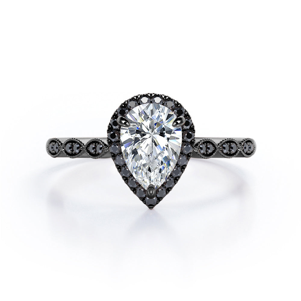 Art-Deco Filigree Milgrain 1.4 TCW Pear Cut Moissanite with Lab Created Black Diamond Halo Design Engagement Ring in Yellow Gold